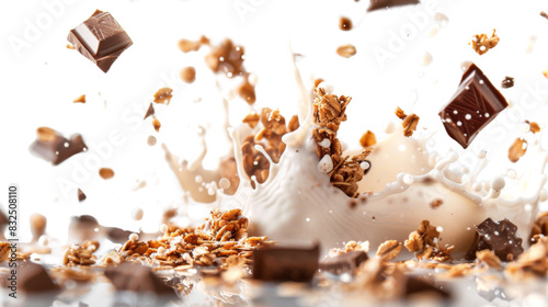 Obraz na płótnie Falling oat granola with milk splash and chocolate