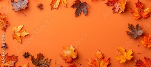 Autumn leaves from above on orange background with ample space for text placement