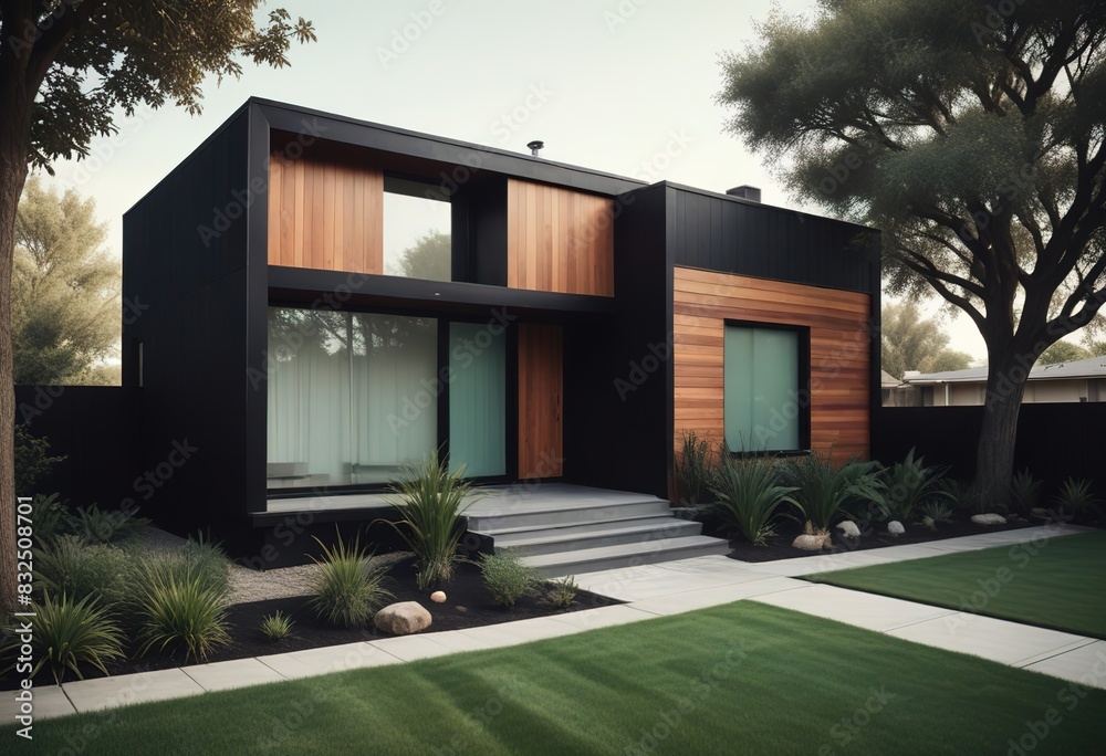 Modern luxury minimalist cubic house, villa with wooden cladding and black panel walls and landscaping design front yard. Residential architecture exterior. Modern luxury minimalist cubic house, villa with wooden cladding and black panel walls and landscaping design front yard. Residential architecture exterior.