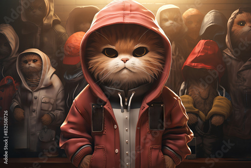 A cat wearing a hoodie is positioned in front of an audience photo