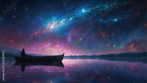 A mesmerizing digital anime depicts a shimmering starry skiff gliding through the cosmos, its sleek silhouette outlined against a backdrop of twinkling galaxies.