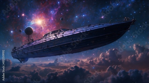 A mesmerizing digital anime depicts a shimmering starry skiff gliding through the cosmos, its sleek silhouette outlined against a backdrop of twinkling galaxies. © DynaVerse3D