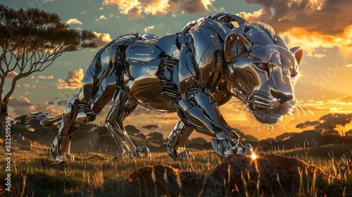 Capture a wide-angle view of a robotic lion, with sleek metallic fur glistening under a simulated sunset, amidst a digital savanna