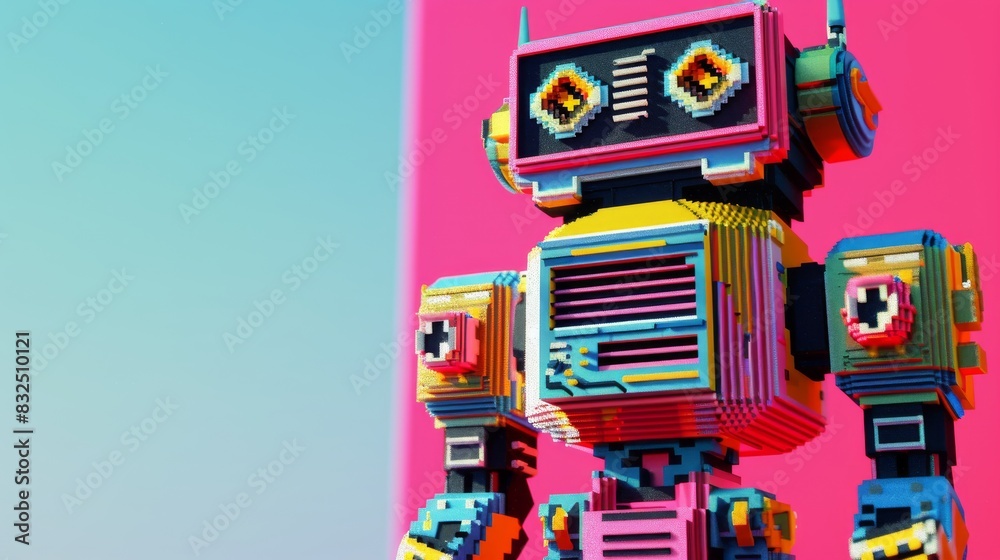 Pixel Robot In Neon Lights For Futuristic Design
