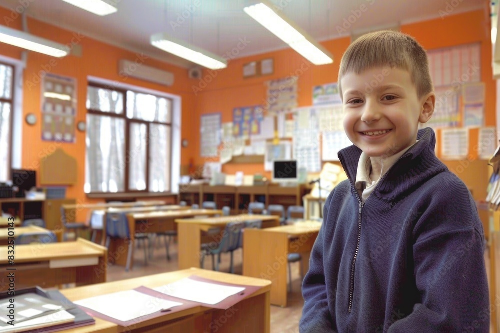 A young boy is smiling in a classroom A young boy is smiling in a classroom