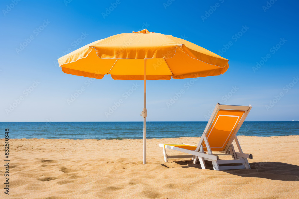 Tropical beach getaway. sandy shore with beach parasol, sun loungers, and sand toys Tropical beach getaway. sandy shore with beach parasol, sun loungers, and sand toys