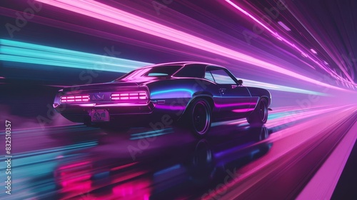 retro muscle car cruising under neon lights on a moody night nostalgic 80s synthwave aesthetic