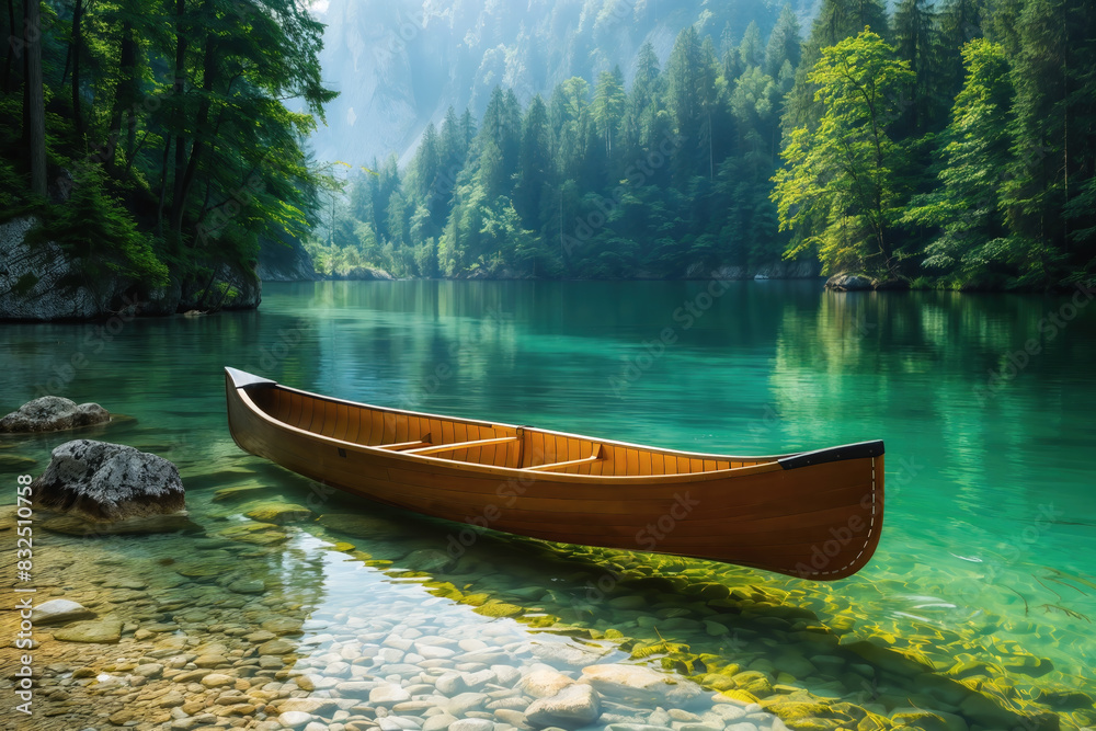 Fototapeta premium Tranquil canoe rests on the clear waters of a lush, forested lake with misty mountains in the background