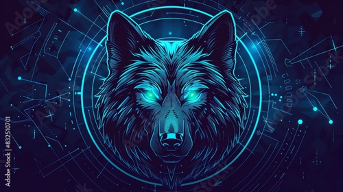 Simple logo for a werewolf board game, cyberpunk art style, comic style, monocolor, featuring a stylized werewolf head with neon circuitry patterns and sharp photo