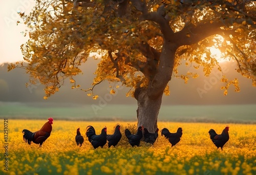 chickens are gathered under an oak tree on a field of yellow flowers photo