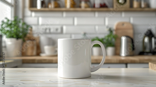 White ceramic mug mockup on wooden table at workplace