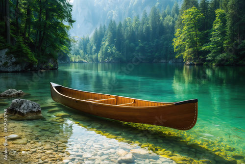Tranquil canoe rests on the clear waters of a lush  forested lake with misty mountains in the background