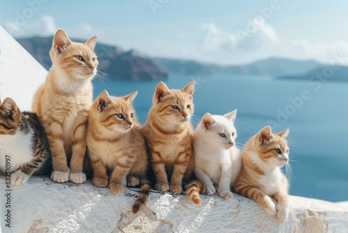 A group of cats sitting on a white roof with a blue sky background The style is cute and adorable, with a cartoonlike illustration  photo