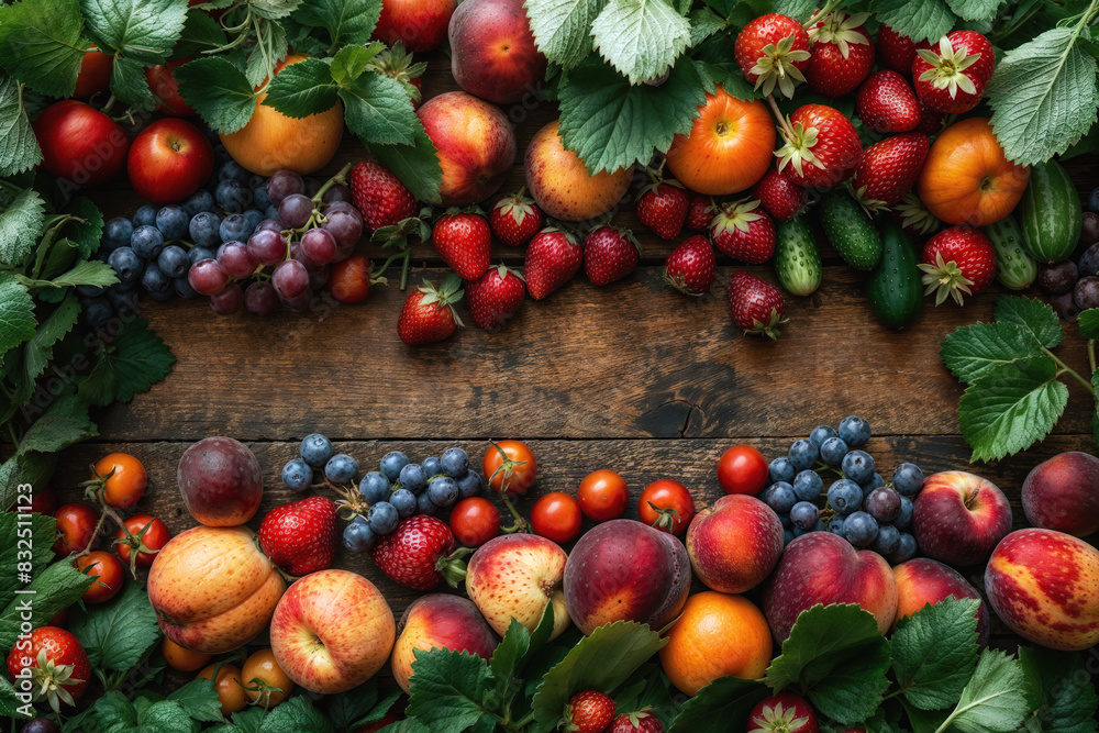 Overhead view of colorful mixed fruits and berries on a rustic wood table Overhead view of colorful mixed fruits and berries on a rustic wood table