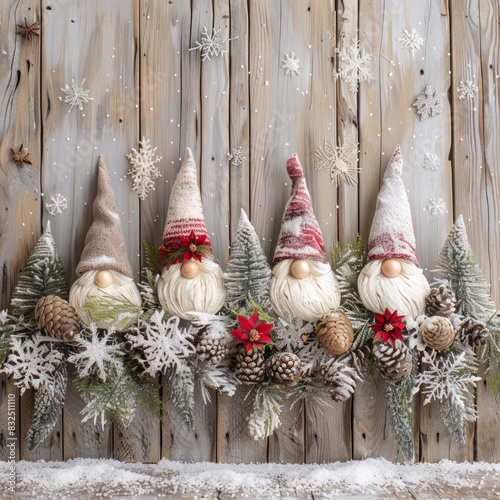 Four gnomes are sitting on a wooden fence, with pine cones