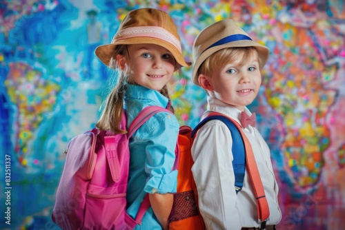 Two children wearing backpacks and hats are smiling for the camera