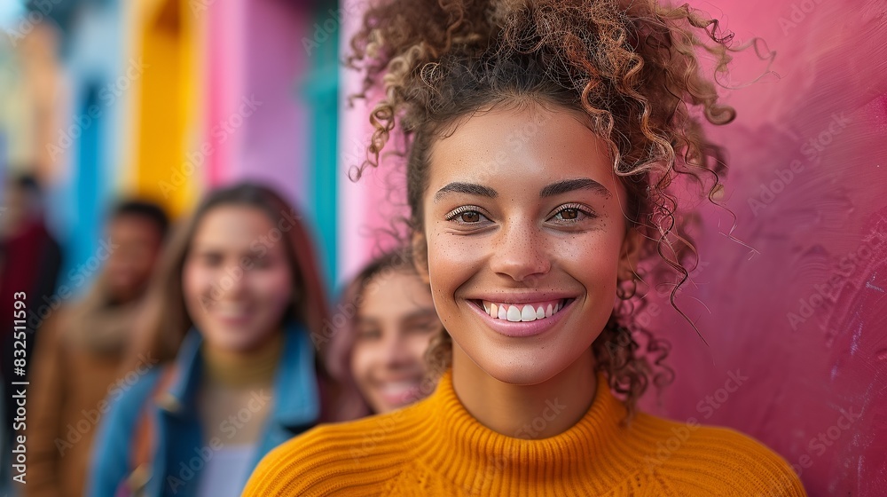 Smiling Young Woman with Friends in Colorful Urban Setting Smiling Young Woman with Friends in Colorful Urban Setting