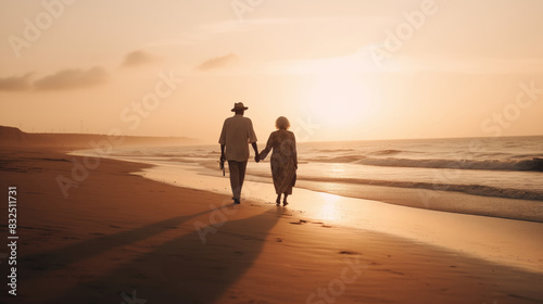 Happy senior man and woman old retired couple walking and holding hands on a beach at sunset 