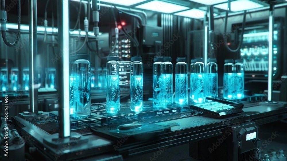 Craft a futuristic laboratory with sleek, holographic computers at a dramatic tilt, showcasing an array of glowing vials filled with bioluminescent liquids