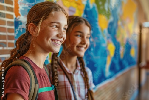Two girls are smiling and looking at a large world map