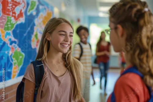 A girl is smiling at another girl in a hallway