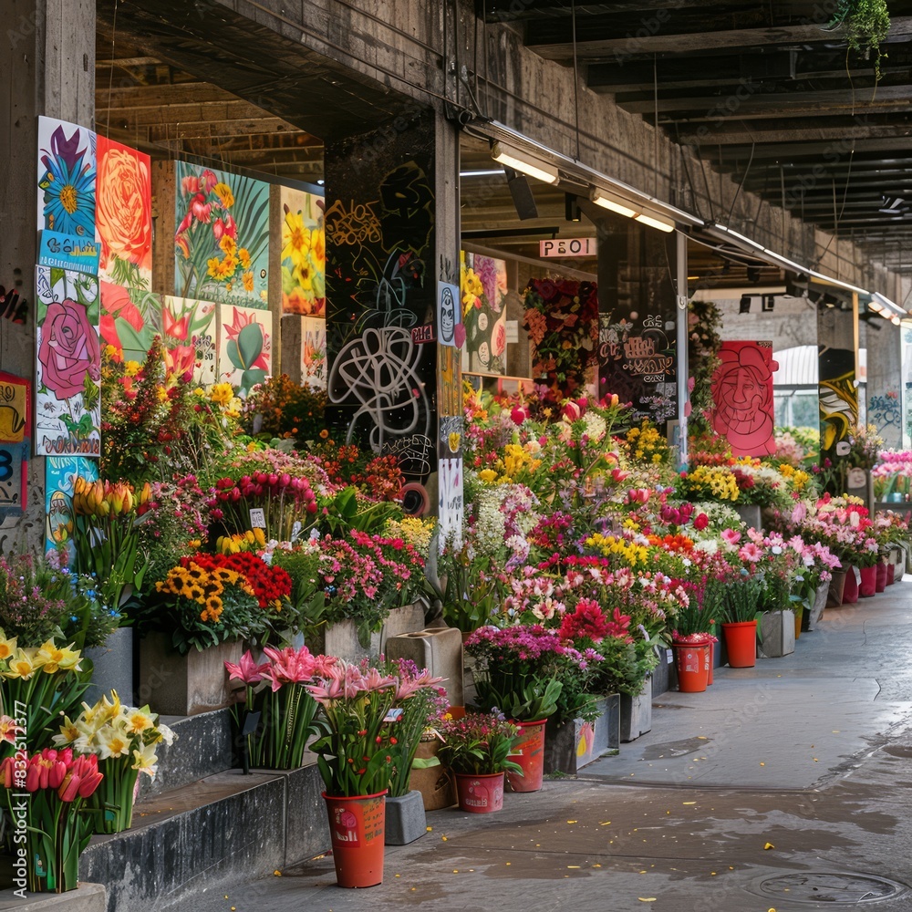 A row of potted plants and flowers are displayed on a sidewalk