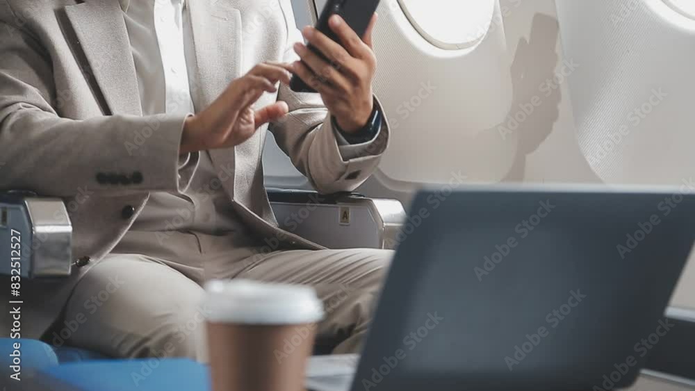 successful asian businessman in suit and glasses sits in private jet and uses smartphone, korean entrepreneur flies in an airplane and types on the phone online successful asian businessman in suit and glasses sits in private jet and uses smartphone, korean entrepreneur flies in an airplane and types on the phone online