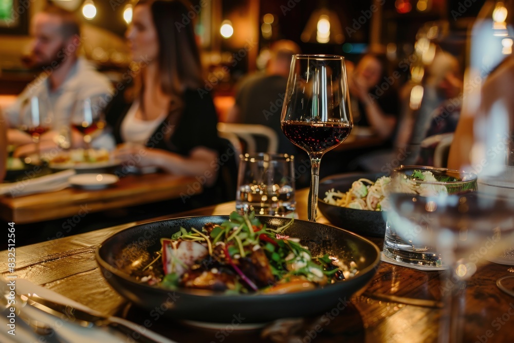 A group of people are sitting at a table with wine glasses and plates of food A group of people are sitting at a table with wine glasses and plates of food