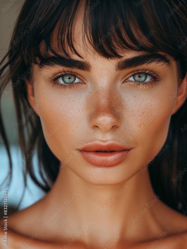 Naklejka premium Hübsches Frauen Gesicht brünette mit blauen Augen als Nahaufnahme 