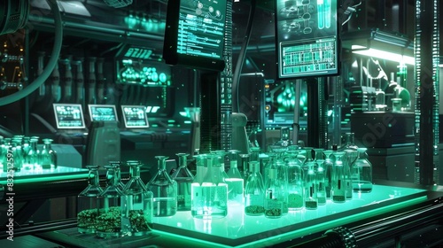 Craft a futuristic laboratory with sleek, holographic computers at a dramatic tilt, showcasing an array of glowing vials filled with bioluminescent liquids