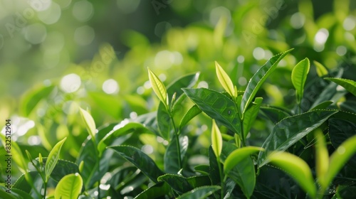 A sea of emerald green tea leaves gently swaying in the breeze within the garden.