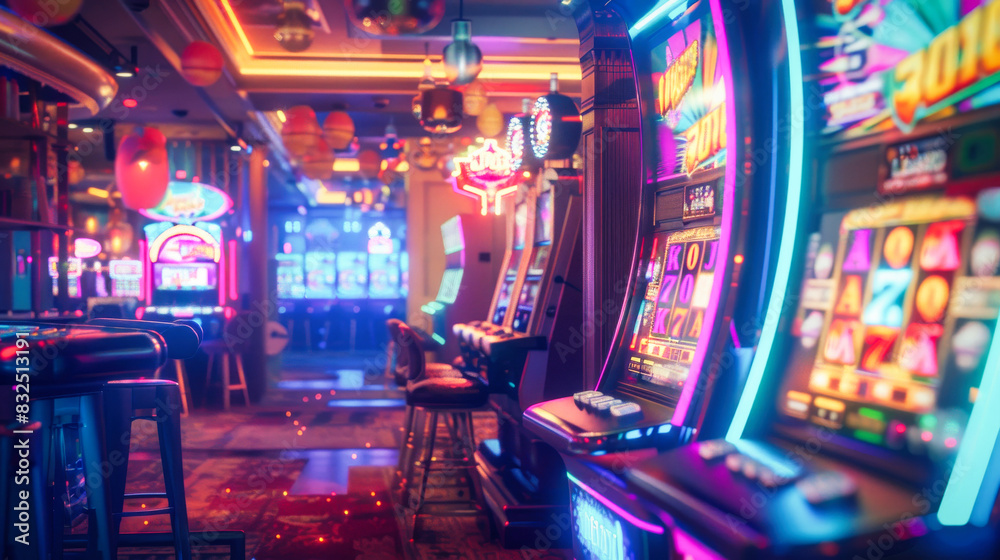A casino with rows of slot machines illuminated by colorful lights A casino with rows of slot machines illuminated by colorful lights