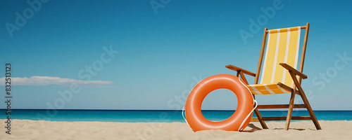 Obraz na płótnie A single yellow beach chair, orange life preserver, and small umbrella set against a pristine sandy beach and blue ocean. Ideal for promoting summer vacations, beach resorts, and relaxation w salonie