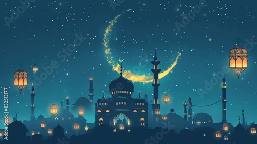 Magical eid al-adha background with lanterns and mosque photo