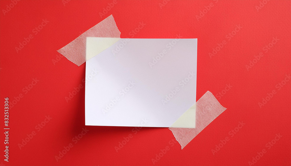 Note paper piece taped to red background. Minimalist mock up design. Paper sticker for messages. Note paper piece taped to red background. Minimalist mock up design. Paper sticker for messages.