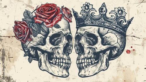 royal skulls dead king and queen with roses vintage trash polka tattoo style vector sketch