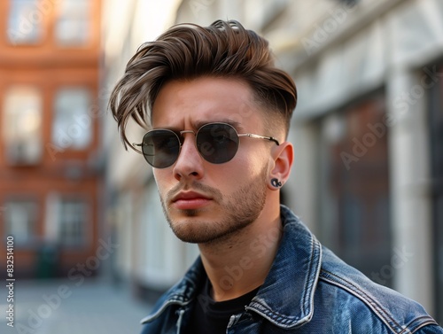 Stylish young man with modern pompadour haircut in an urban setting,Generative AI illustration.