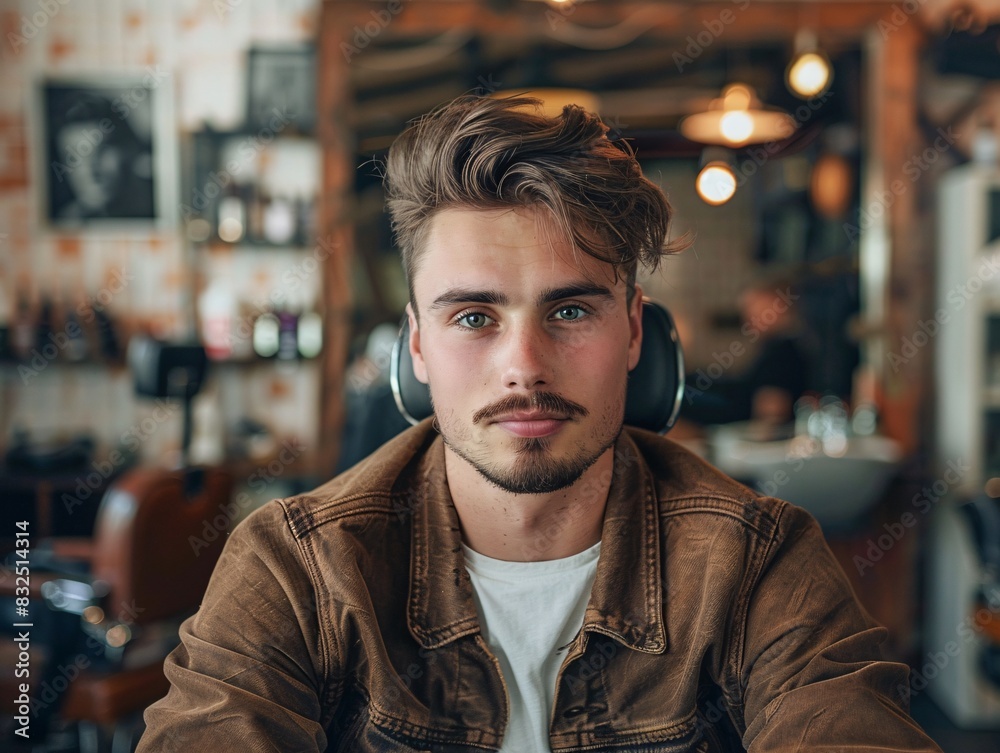 Obraz premium Trendy guy with textured quiff haircut sitting in a barbershop chair,Generative AI illustration.