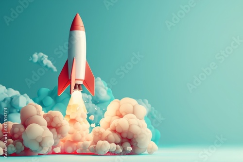 3d illustration of a rocket launching into the sky on background photo