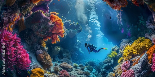 divers exploring colorful coral reefs or underwater caves, showcasing the wonder and beauty of the underwater world
