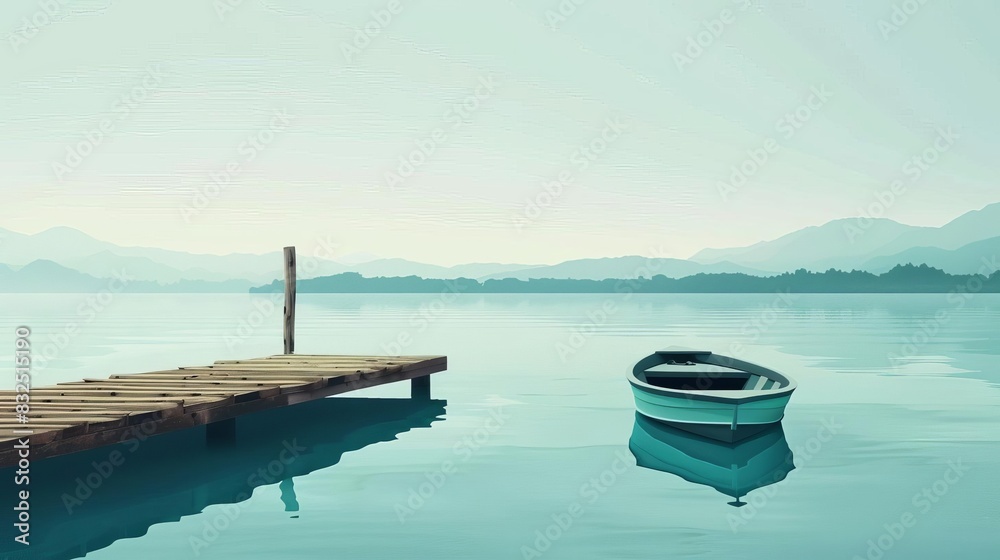 Obraz premium rustic floating pontoon boat on serene blue lake minimalist summer landscape illustration