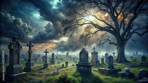 Spooky graveyard with old tombstones and creepy trees under a stormy sky