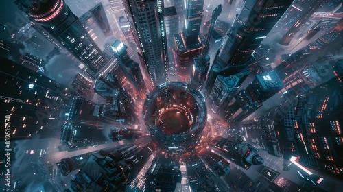 Create a captivating aerial view of a futuristic cityscape © Flowaiart
