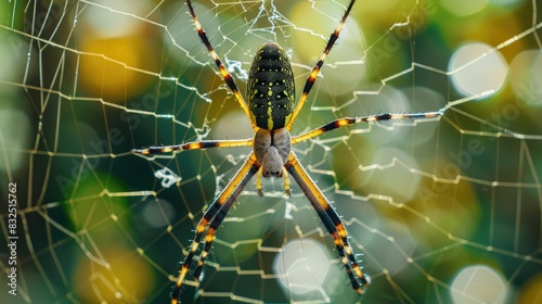 Asian spider on garden in close up detail crawling and resting on spider web with blurred background in macro photography