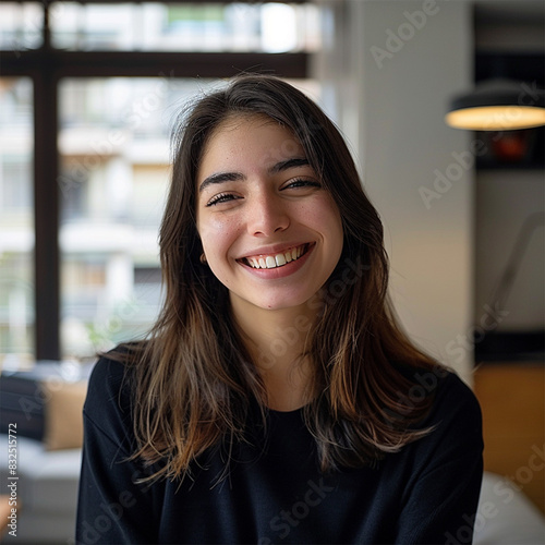 photograph of a young women smiling with, modern apartment in the background out of focus