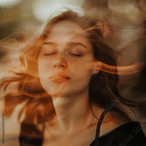 photograph of a young women with a blurred background while women is doing her affimation practice for positivity