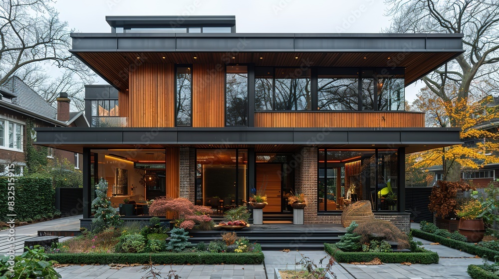 Modern luxury minimalist cubic house, villa with wooden cladding and black panel walls and landscaping design front yard. Residential architecture exterior. Modern luxury minimalist cubic house, villa with wooden cladding and black panel walls and landscaping design front yard. Residential architecture exterior.