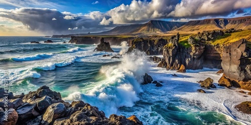 Rugged coastline with powerful crashing waves and dark volcanic sands photo