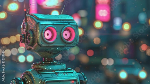 Create a digital art piece featuring a futuristic robot showcasing its advanced technology in a playful