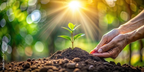 Hands planting small tree with sunlight and bokeh background photo